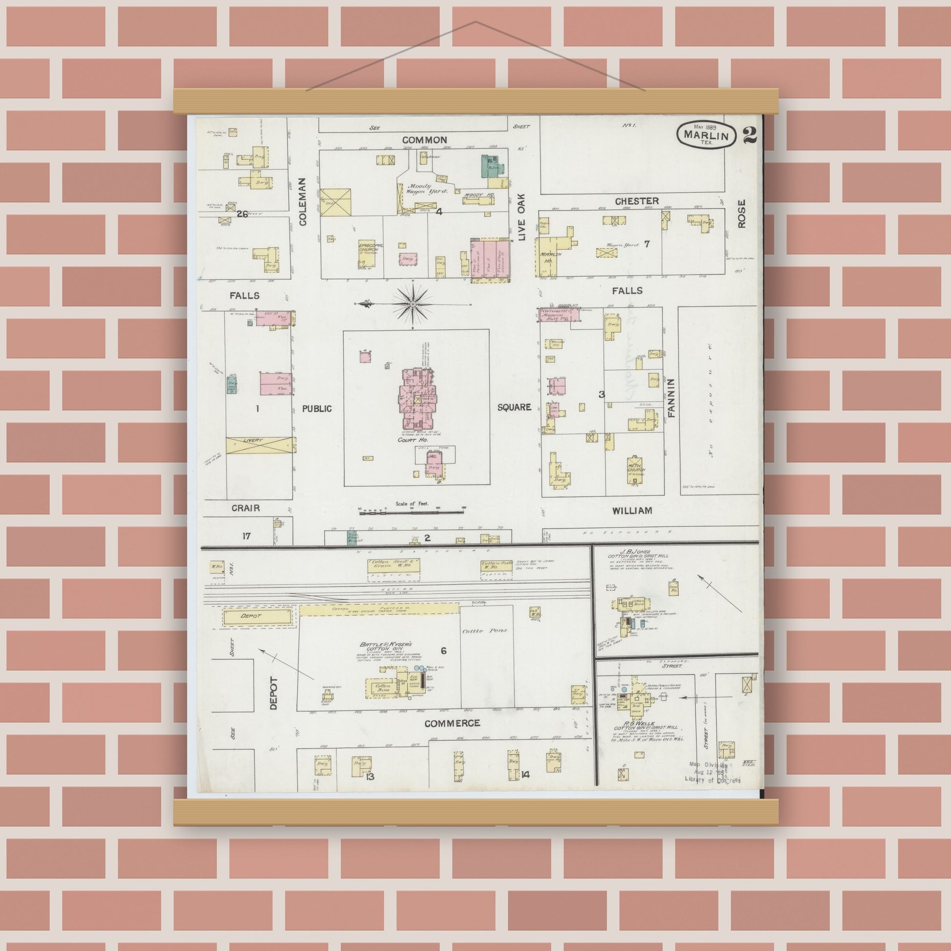 Old map wall art mockup — magnetic wood frame on brick wall — Sanborn Fire Insurance Map from Marlin, Falls County, Texas (1889), Sheet #0002