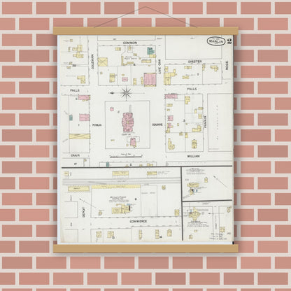 Old map wall art mockup — magnetic wood frame on brick wall — Sanborn Fire Insurance Map from Marlin, Falls County, Texas (1889), Sheet #0002