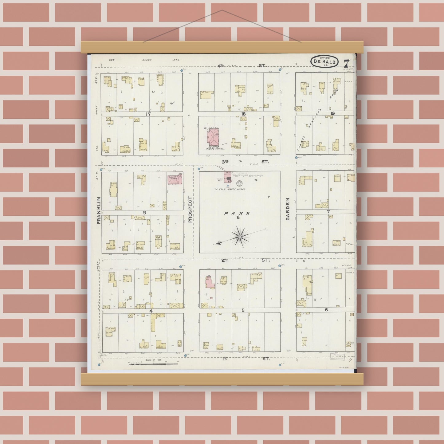 Old map wall art mockup — magnetic wood frame on brick wall — Sanborn Fire Insurance Map from De Kalb, De Kalb County, Illinois (1891), Sheet #0007