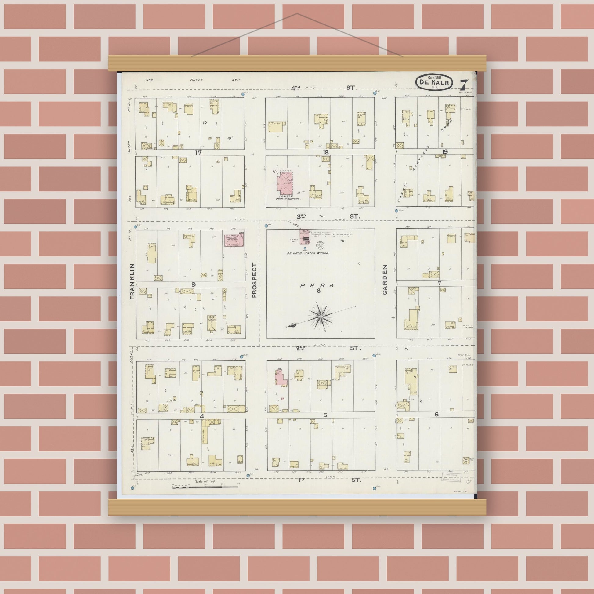 Old map wall art mockup — magnetic wood frame on brick wall — Sanborn Fire Insurance Map from De Kalb, De Kalb County, Illinois (1891), Sheet #0007