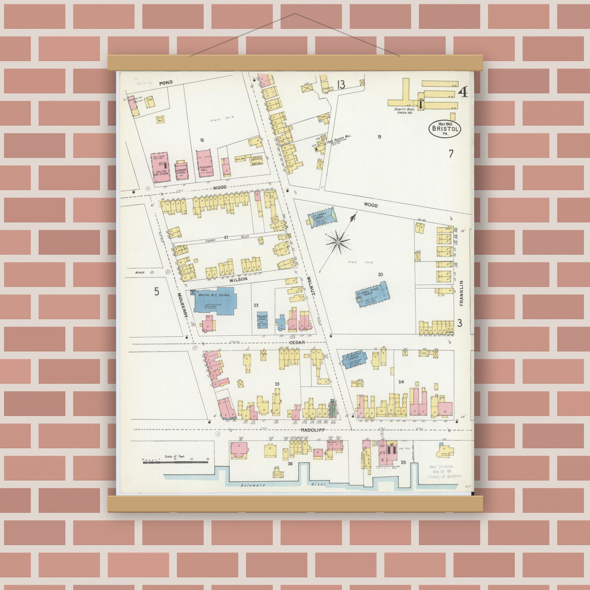 Old map wall art mockup — magnetic wood frame on brick wall — Sanborn Fire Insurance Map from Bristol, Bucks County, Pennsylvania (1903), Sheet #0004