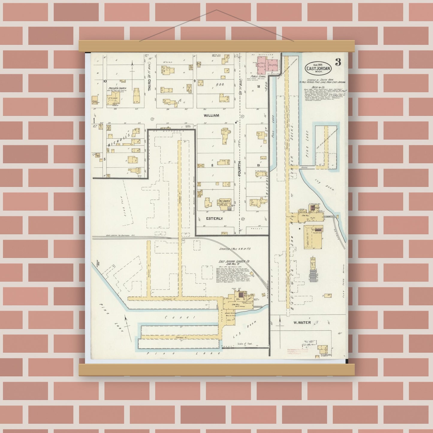 Old map wall art mockup — magnetic wood frame on brick wall — Sanborn Fire Insurance Map from East Jordan, Charlevoix County, Michigan (1901), Sheet #0003