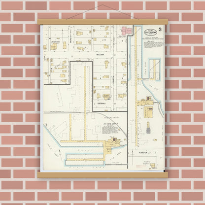 Old map wall art mockup — magnetic wood frame on brick wall — Sanborn Fire Insurance Map from East Jordan, Charlevoix County, Michigan (1901), Sheet #0003