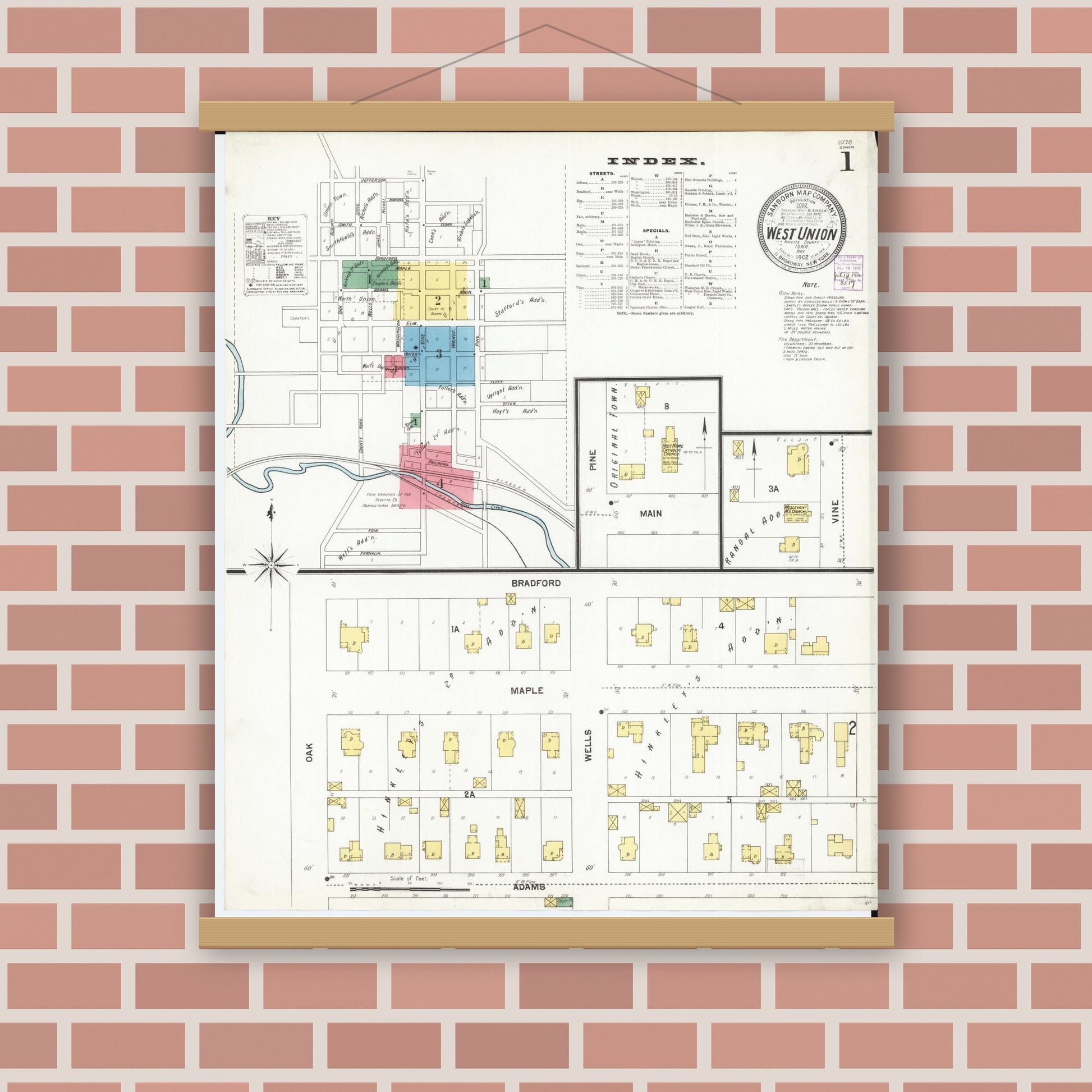 Old map wall art mockup — magnetic wood frame on brick wall — Sanborn Fire Insurance Map from West Union, Fayette County, Iowa (1902) â€” Complete Set