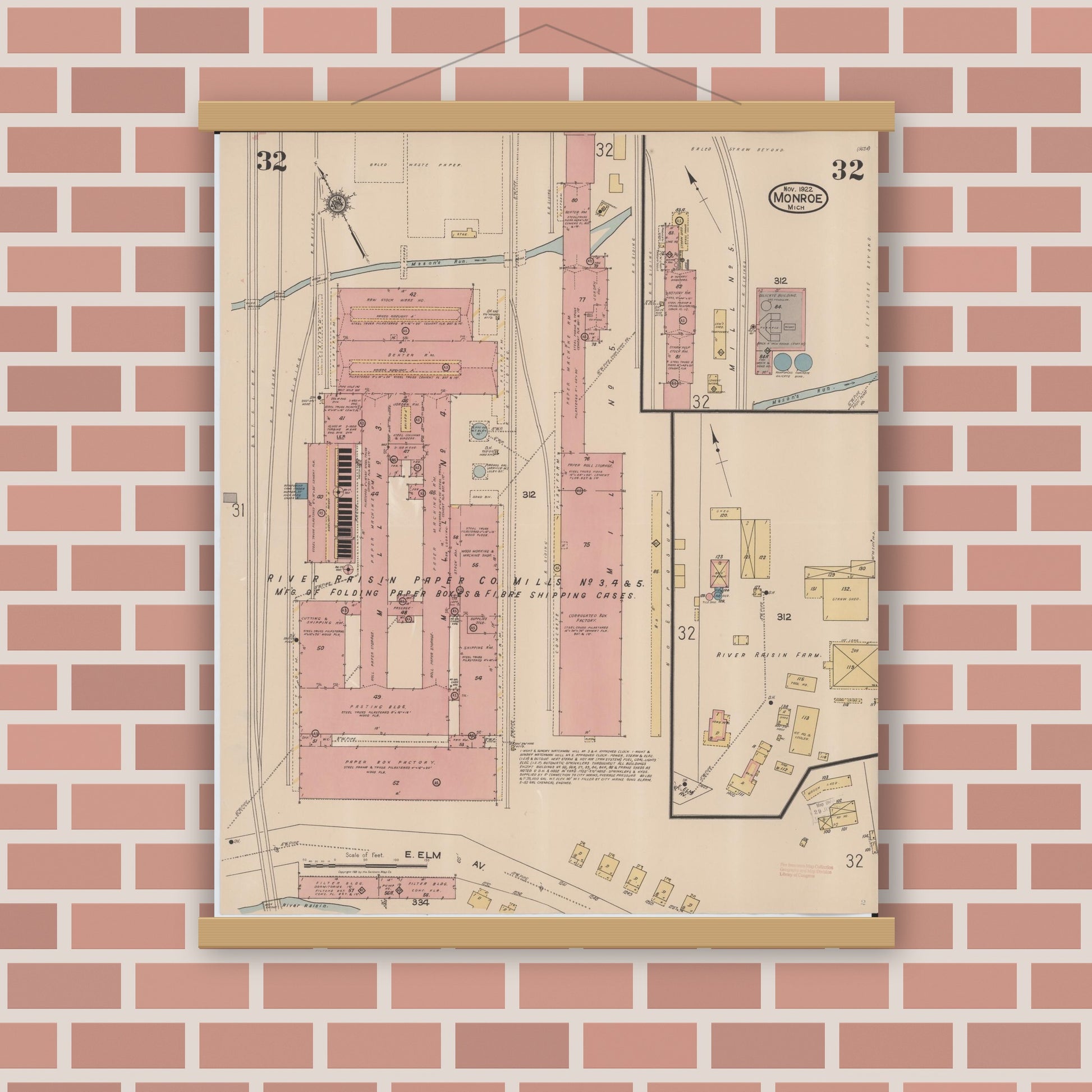 Old map wall art mockup — magnetic wood frame on brick wall — Sanborn Fire Insurance Map from Monroe, Monroe County, Michigan (1922), Sheet #0032