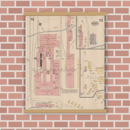 Old map wall art mockup — magnetic wood frame on brick wall — Sanborn Fire Insurance Map from Monroe, Monroe County, Michigan (1922), Sheet #0032