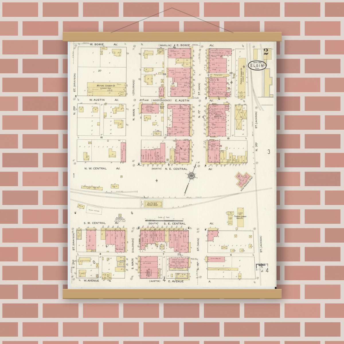 Old map wall art mockup — magnetic wood frame on brick wall — Sanborn Fire Insurance Map from Elgin, Bastrop County, Texas (1916), Sheet #0002