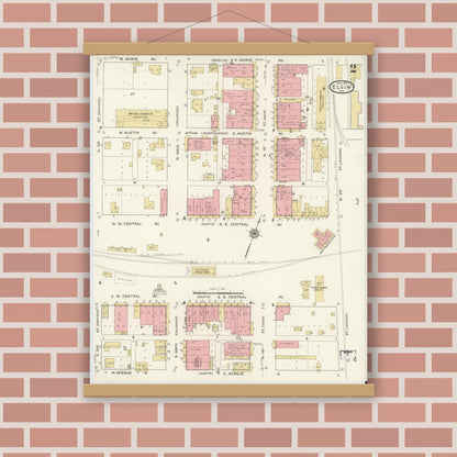 Old map wall art mockup — magnetic wood frame on brick wall — Sanborn Fire Insurance Map from Elgin, Bastrop County, Texas (1916), Sheet #0002