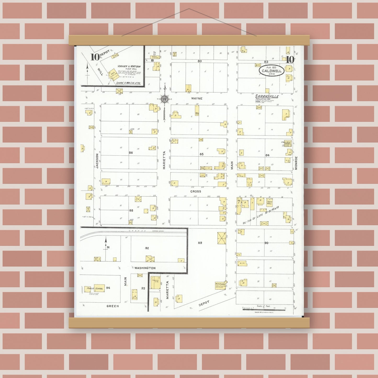 Old map wall art mockup — magnetic wood frame on brick wall — Sanborn Fire Insurance Map from Caldwell, Noble County, Ohio (1923), Sheet #0010