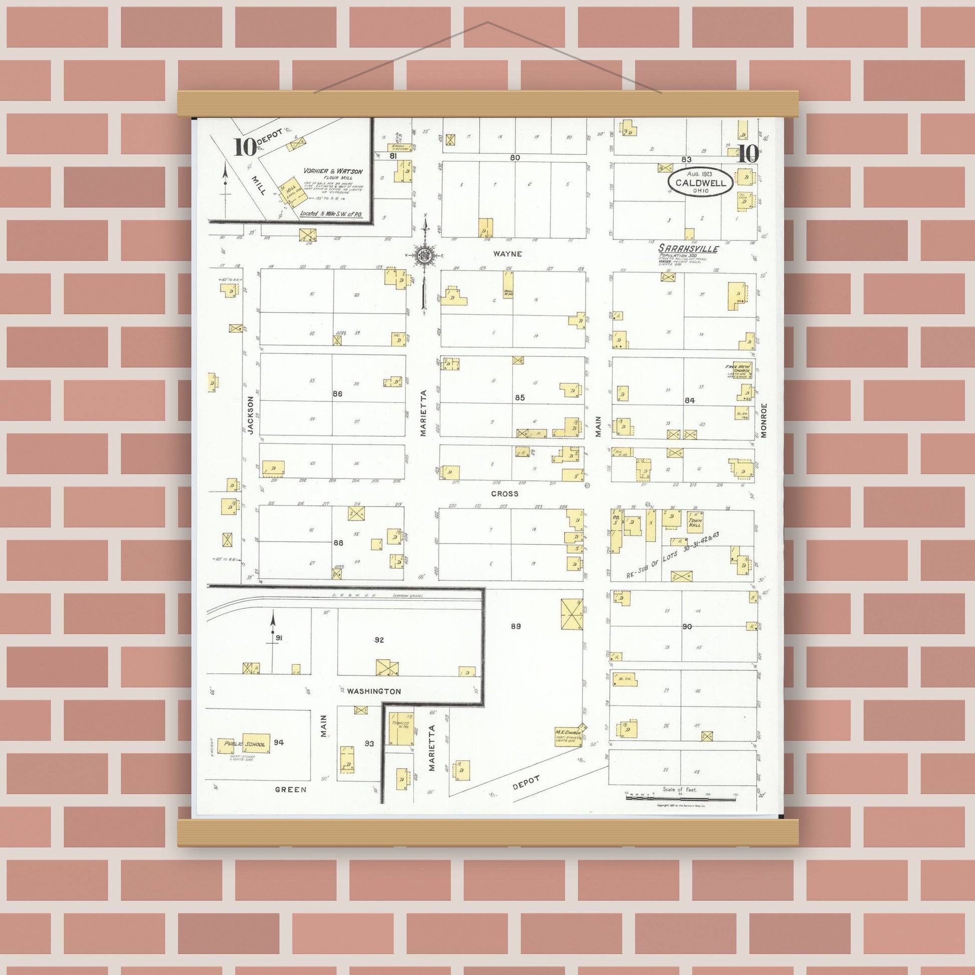 Old map wall art mockup — magnetic wood frame on brick wall — Sanborn Fire Insurance Map from Caldwell, Noble County, Ohio (1923), Sheet #0010