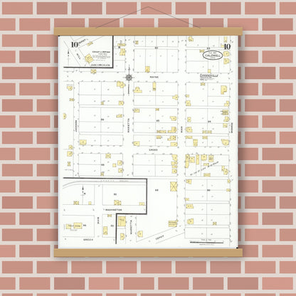 Old map wall art mockup — magnetic wood frame on brick wall — Sanborn Fire Insurance Map from Caldwell, Noble County, Ohio (1923), Sheet #0010