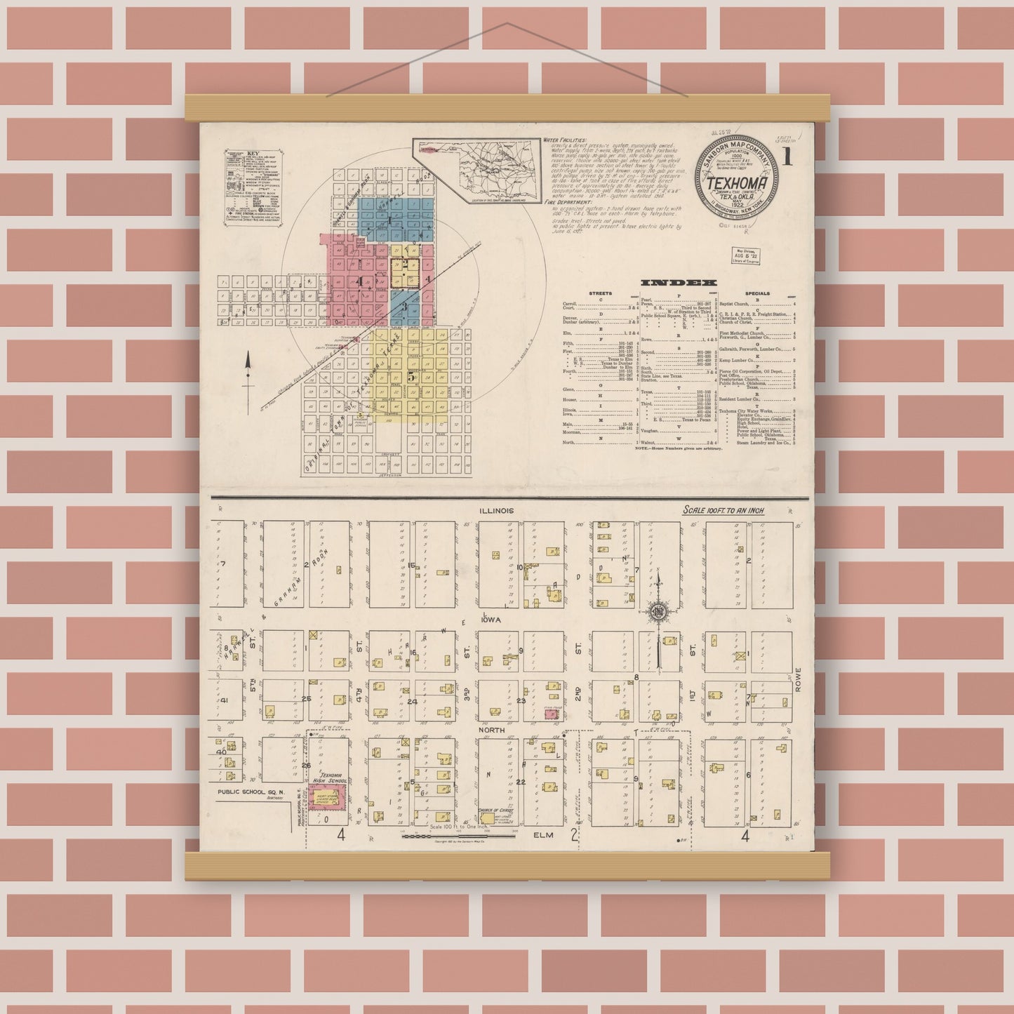 Old map wall art mockup — magnetic wood frame on brick wall — Sanborn Fire Insurance Map from Texhoma, Texas County, Oklahoma and Sherman County, Texas, Texas (1922) - Complete Map Set