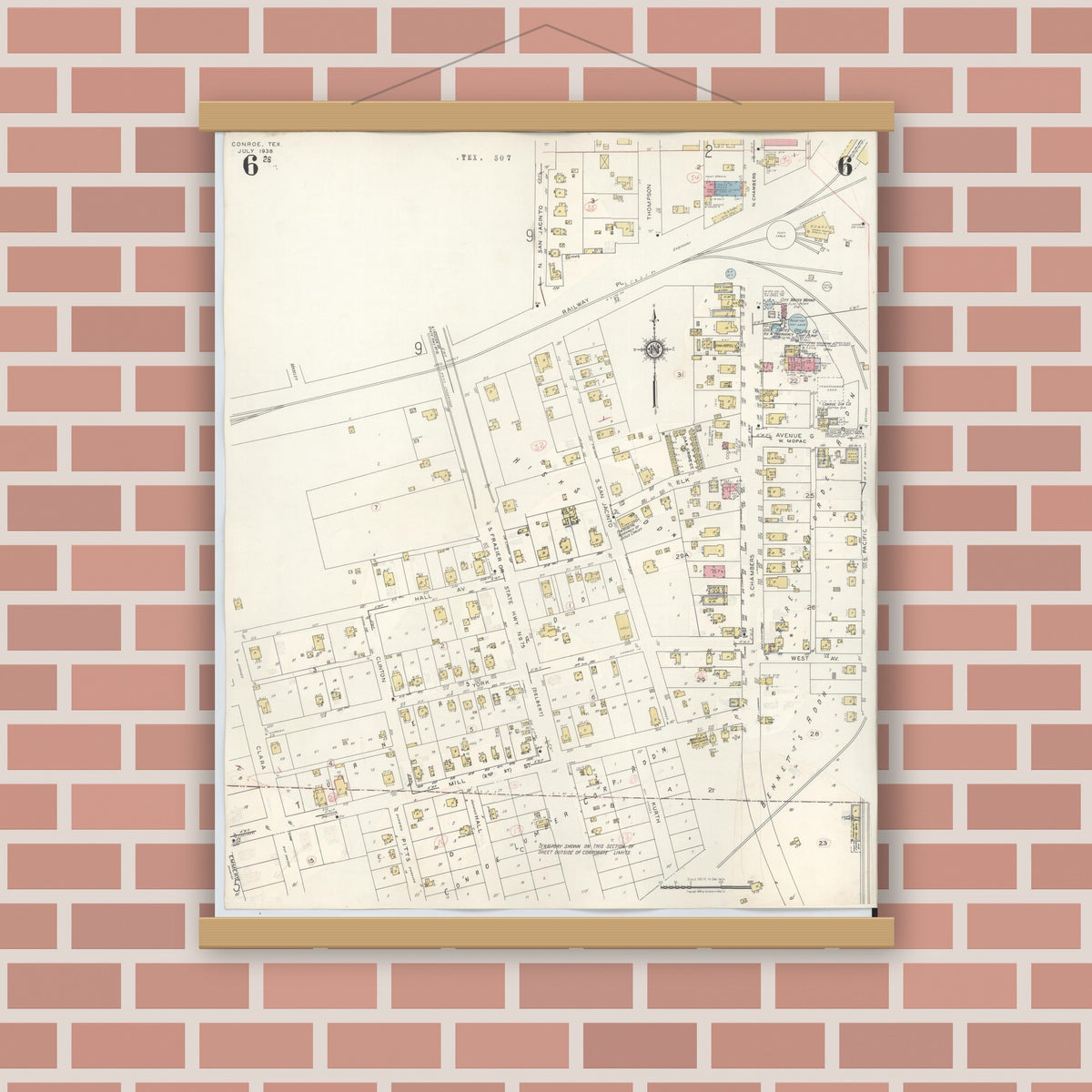Old map wall art mockup — magnetic wood frame on brick wall — Sanborn Fire Insurance Map from Conroe, Montgomery County, Texas (1943), Sheet #0006