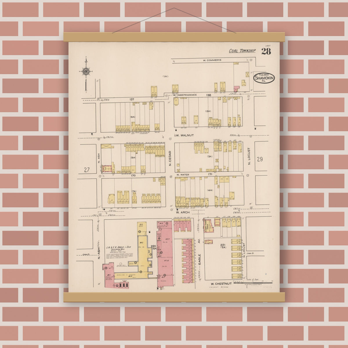 Old map wall art mockup — magnetic wood frame on brick wall — Sanborn Fire Insurance Map from Shamokin, Northumberland County, Pennsylvania (1922), Sheet #0028