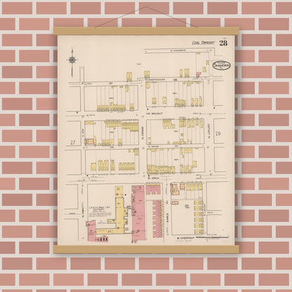 Old map wall art mockup — magnetic wood frame on brick wall — Sanborn Fire Insurance Map from Shamokin, Northumberland County, Pennsylvania (1922), Sheet #0028
