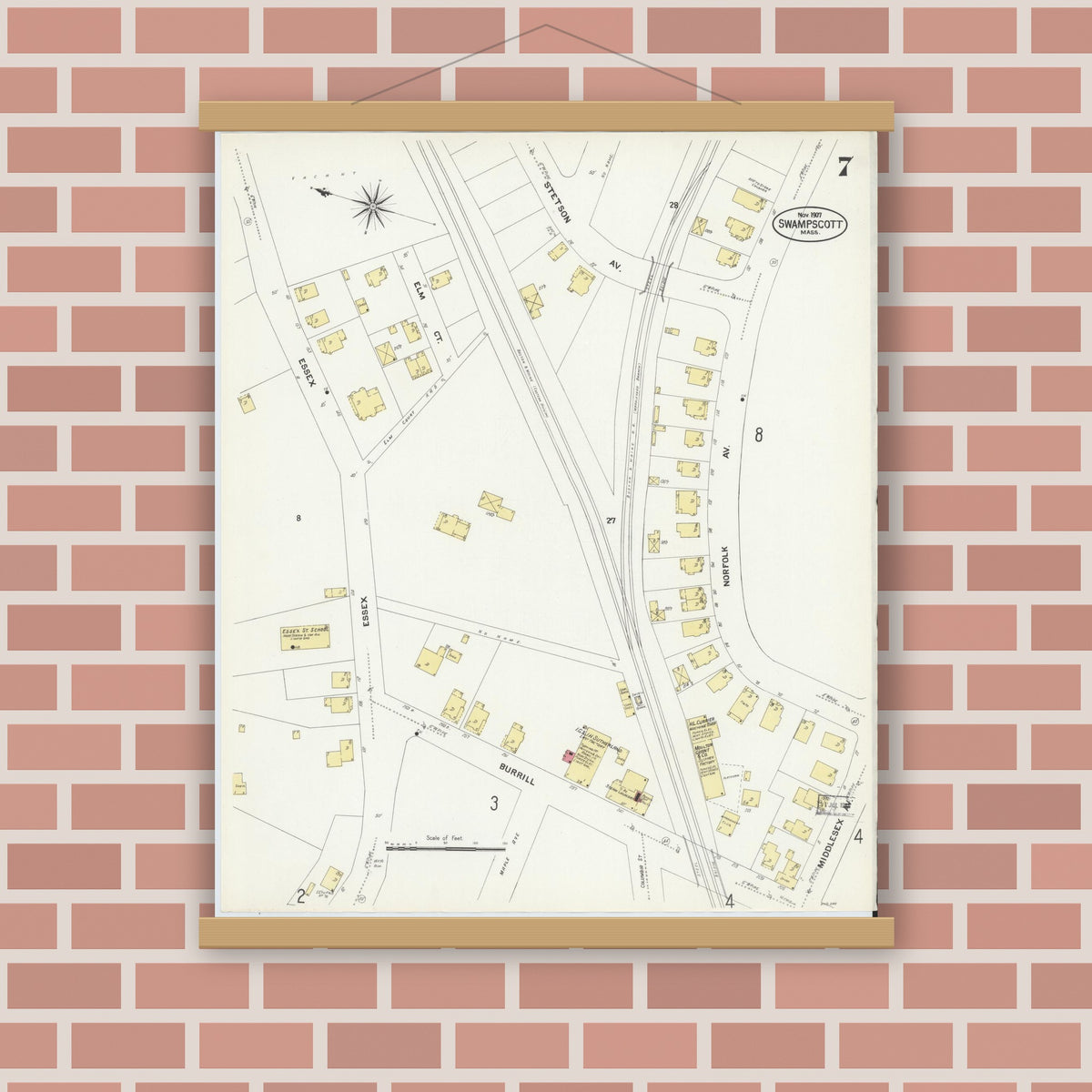 Old map wall art mockup — magnetic wood frame on brick wall — Sanborn Fire Insurance Map from Swampscott, Essex County, Massachusetts (1907), Sheet #0007