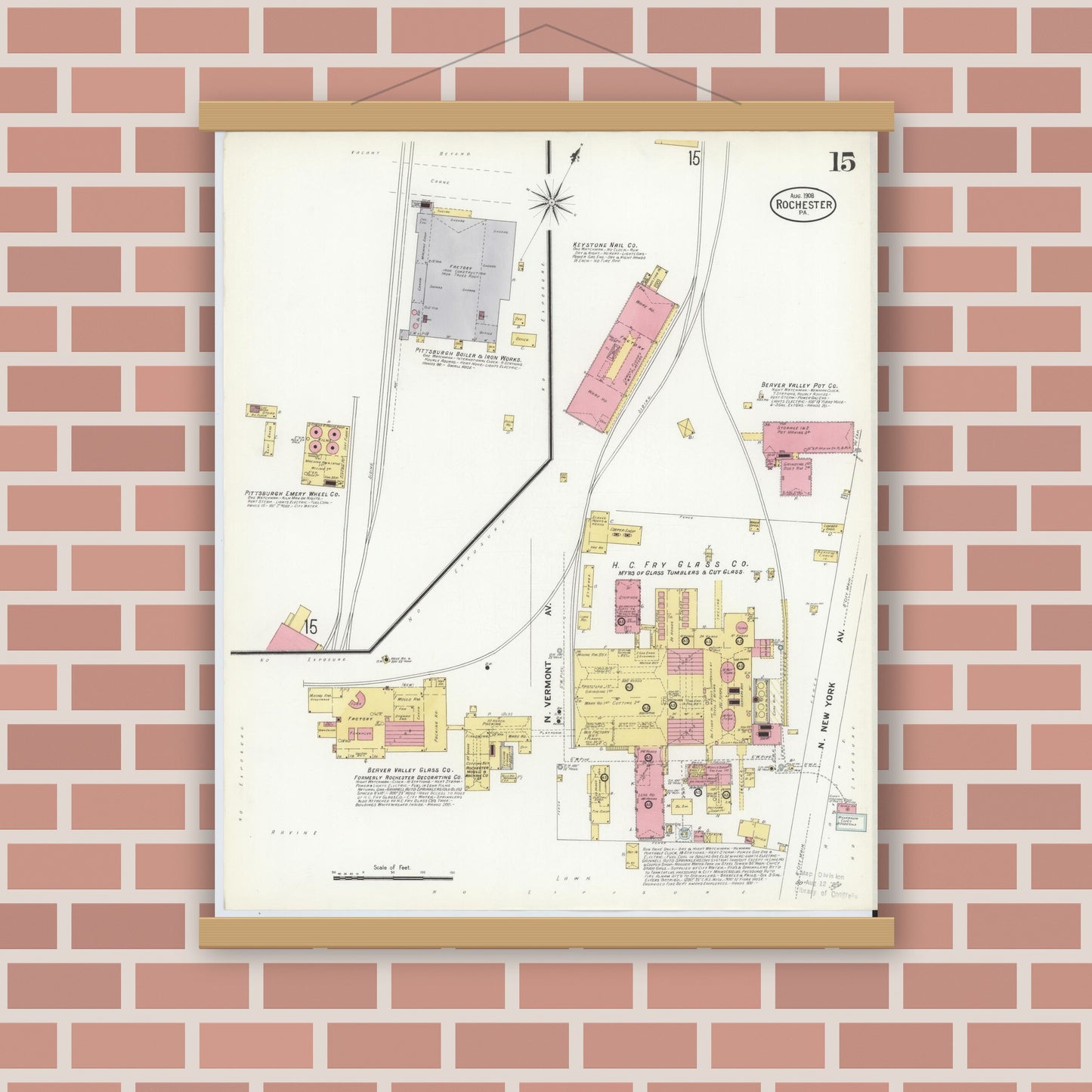 Old map wall art mockup — magnetic wood frame on brick wall — Sanborn Fire Insurance Map from Rochester, Beaver County, Pennsylvania (1908), Sheet #0015