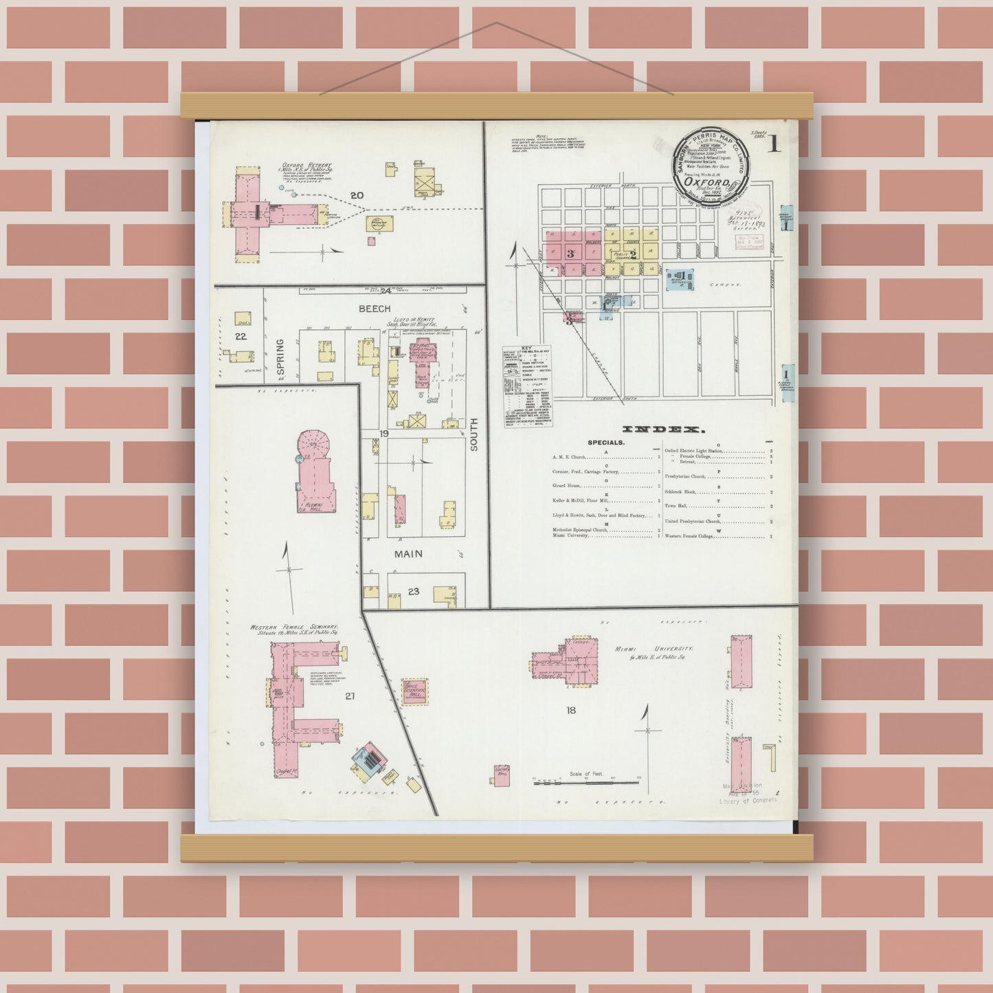 Old map wall art mockup — magnetic wood frame on brick wall — Sanborn Fire Insurance Map from Oxford, Butler County, Ohio (1892) - Complete Map Set