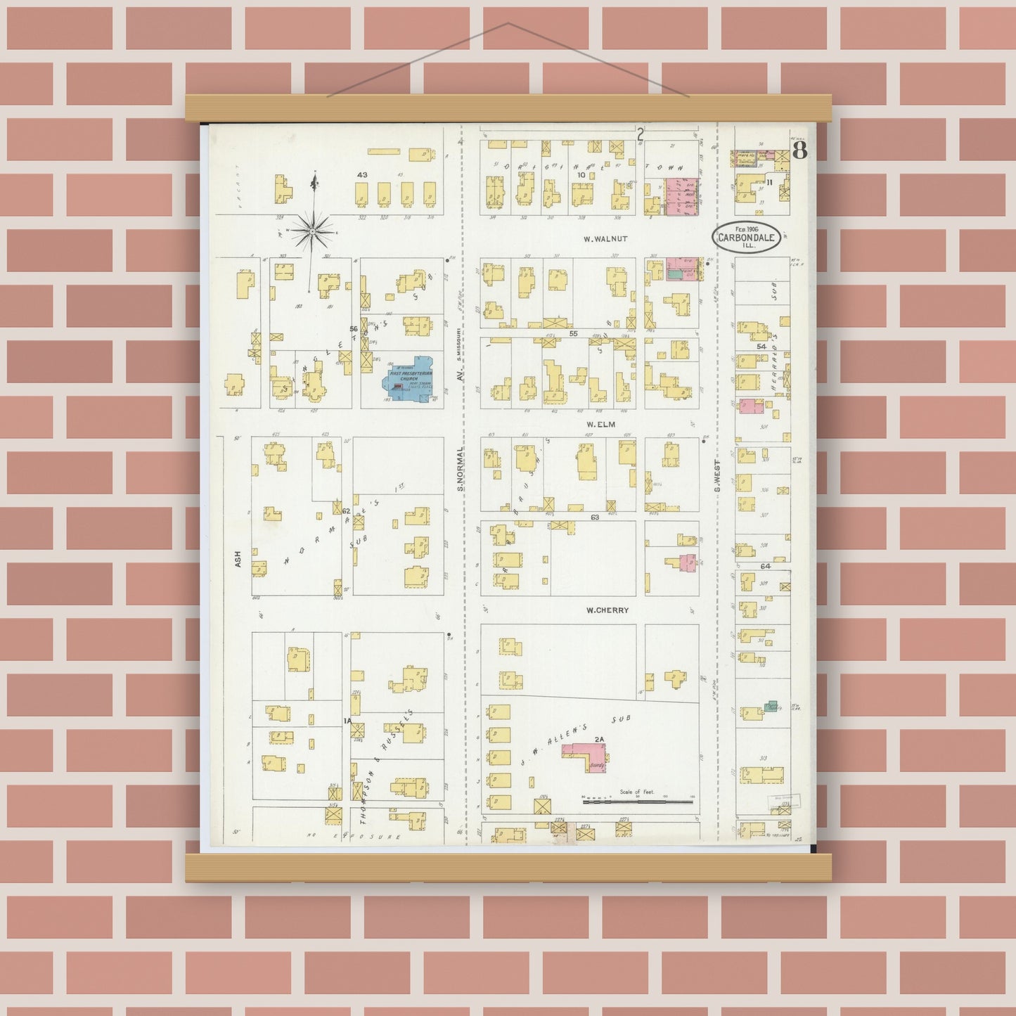 Old map wall art mockup — magnetic wood frame on brick wall — Sanborn Fire Insurance Map from Carbondale, Jackson County, Illinois (1906), Sheet #0008