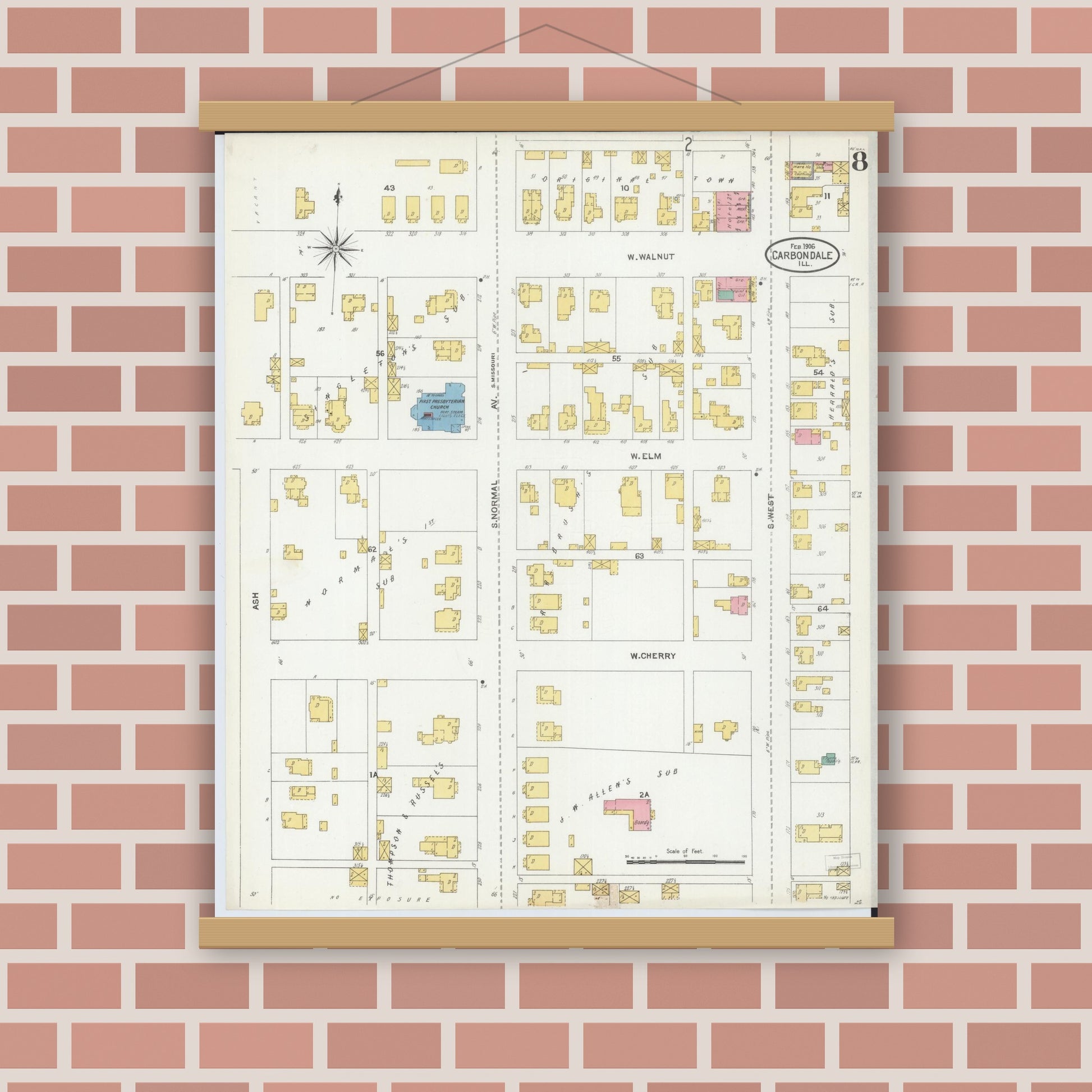 Old map wall art mockup — magnetic wood frame on brick wall — Sanborn Fire Insurance Map from Carbondale, Jackson County, Illinois (1906), Sheet #0008