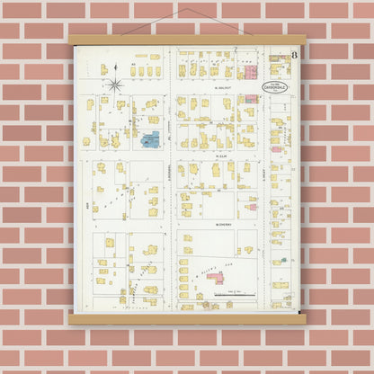 Old map wall art mockup — magnetic wood frame on brick wall — Sanborn Fire Insurance Map from Carbondale, Jackson County, Illinois (1906), Sheet #0008