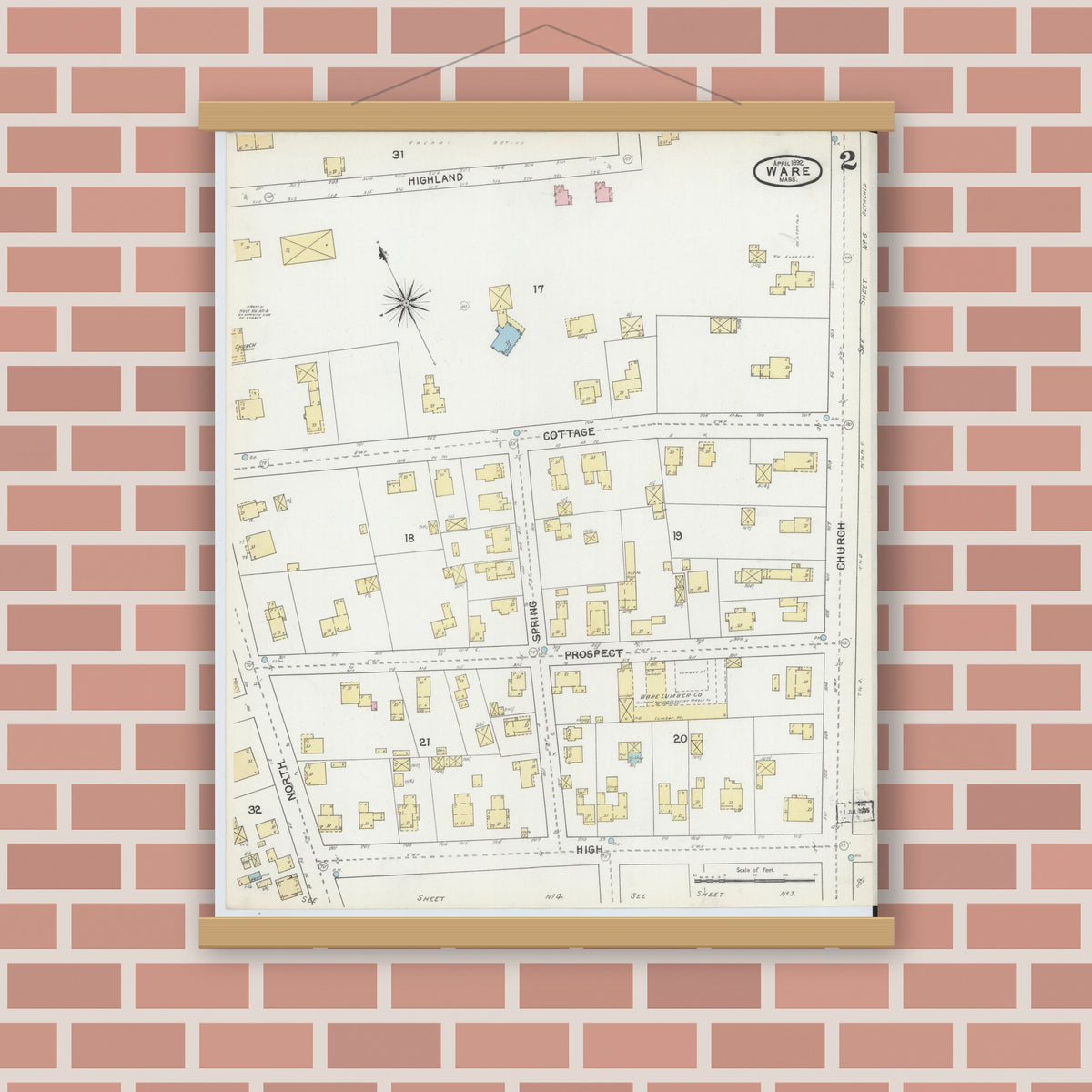 Old map wall art mockup — magnetic wood frame on brick wall — Sanborn Fire Insurance Map from Ware, Hampshire County, Massachusetts (1892), Sheet #0002