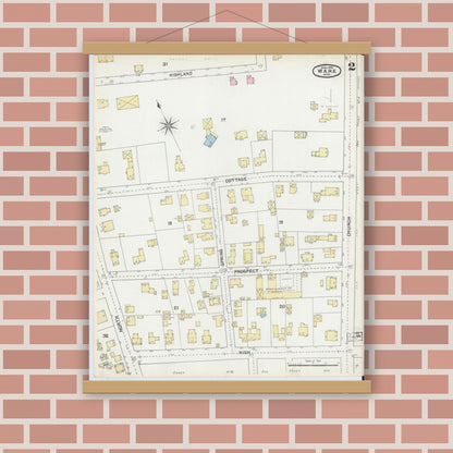 Old map wall art mockup — magnetic wood frame on brick wall — Sanborn Fire Insurance Map from Ware, Hampshire County, Massachusetts (1892), Sheet #0002
