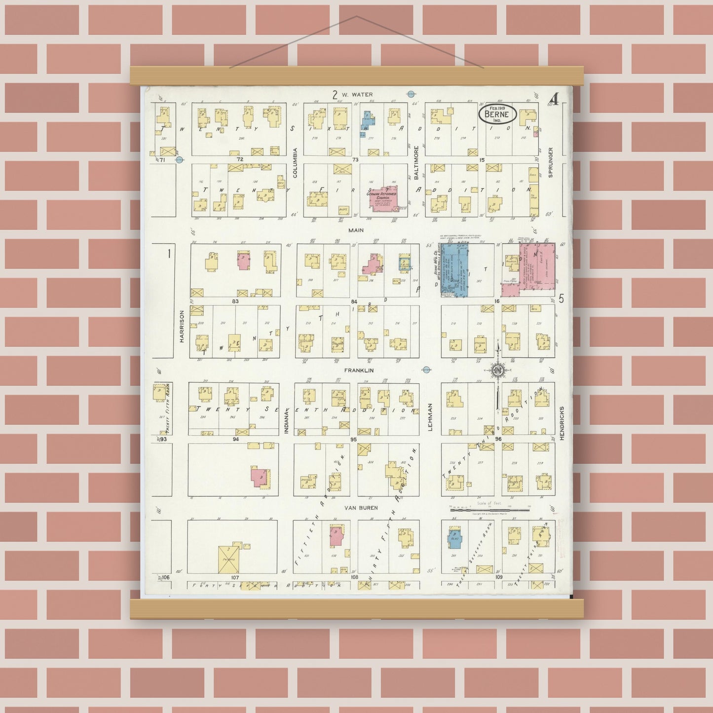Old map wall art mockup — magnetic wood frame on brick wall — Sanborn Fire Insurance Map from Berne, Adams County, Indiana (1919), Sheet #0004