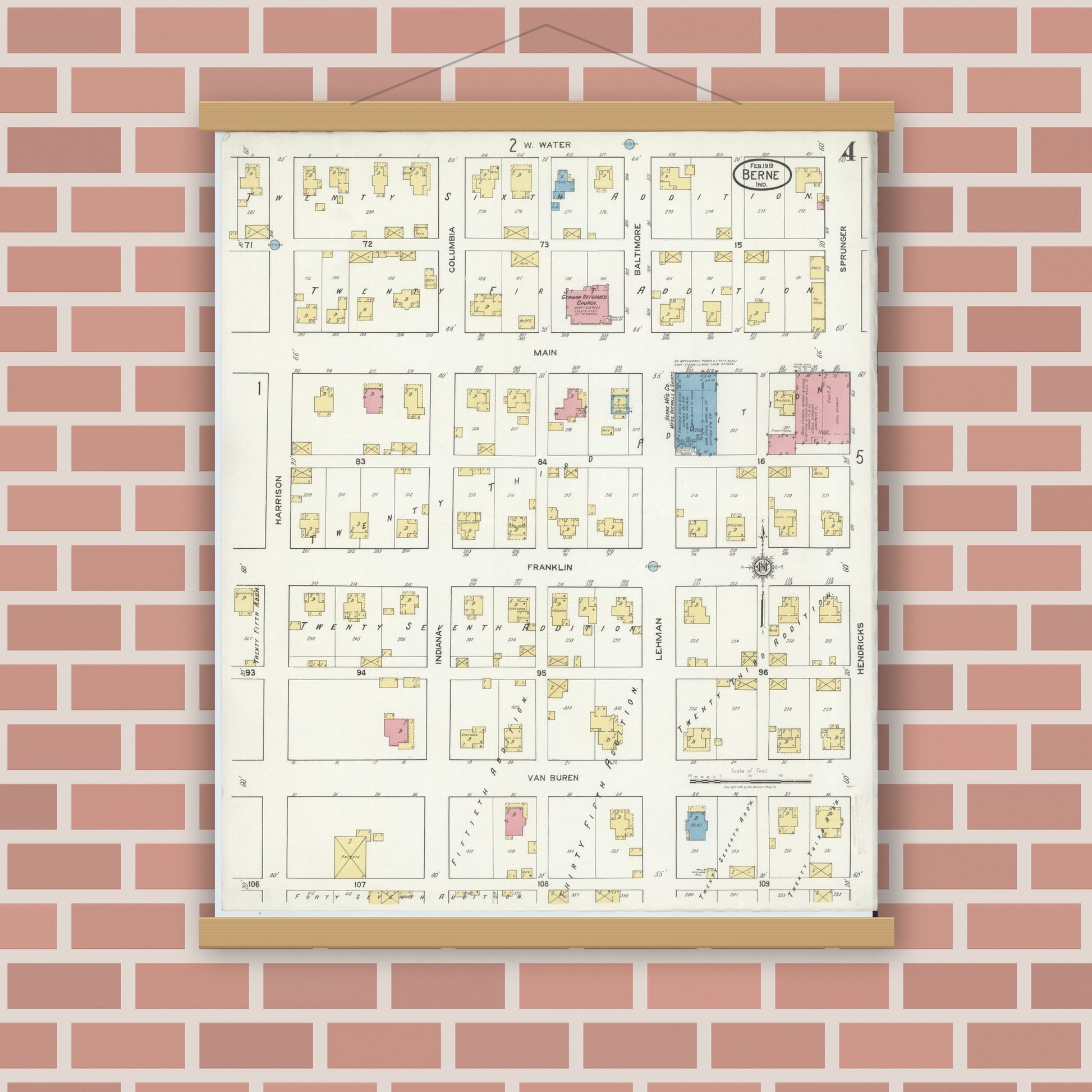 Old map wall art mockup — magnetic wood frame on brick wall — Sanborn Fire Insurance Map from Berne, Adams County, Indiana (1919), Sheet #0004