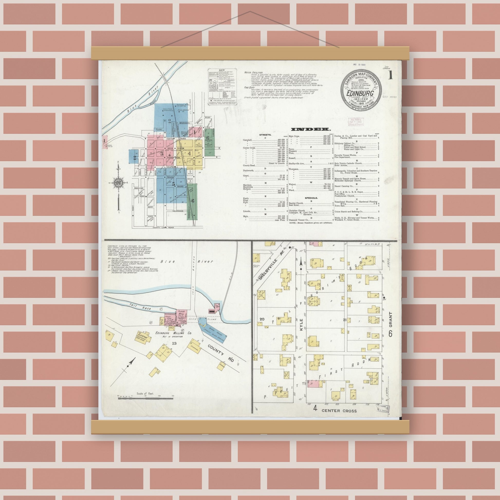 Old map wall art mockup — magnetic wood frame on brick wall — Sanborn Fire Insurance Map from Edinburg, Johnson And Bartholomew Counties, Indiana (1910) - Complete Map Set