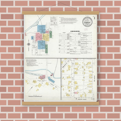 Old map wall art mockup — magnetic wood frame on brick wall — Sanborn Fire Insurance Map from Edinburg, Johnson And Bartholomew Counties, Indiana (1910) - Complete Map Set