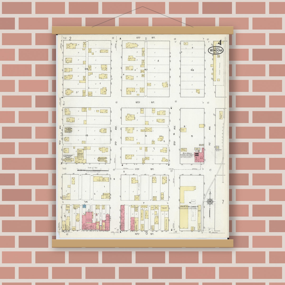 Old map wall art mockup — magnetic wood frame on brick wall — Sanborn Fire Insurance Map from Windom, Cottonwood County, Minnesota (1917), Sheet #0004