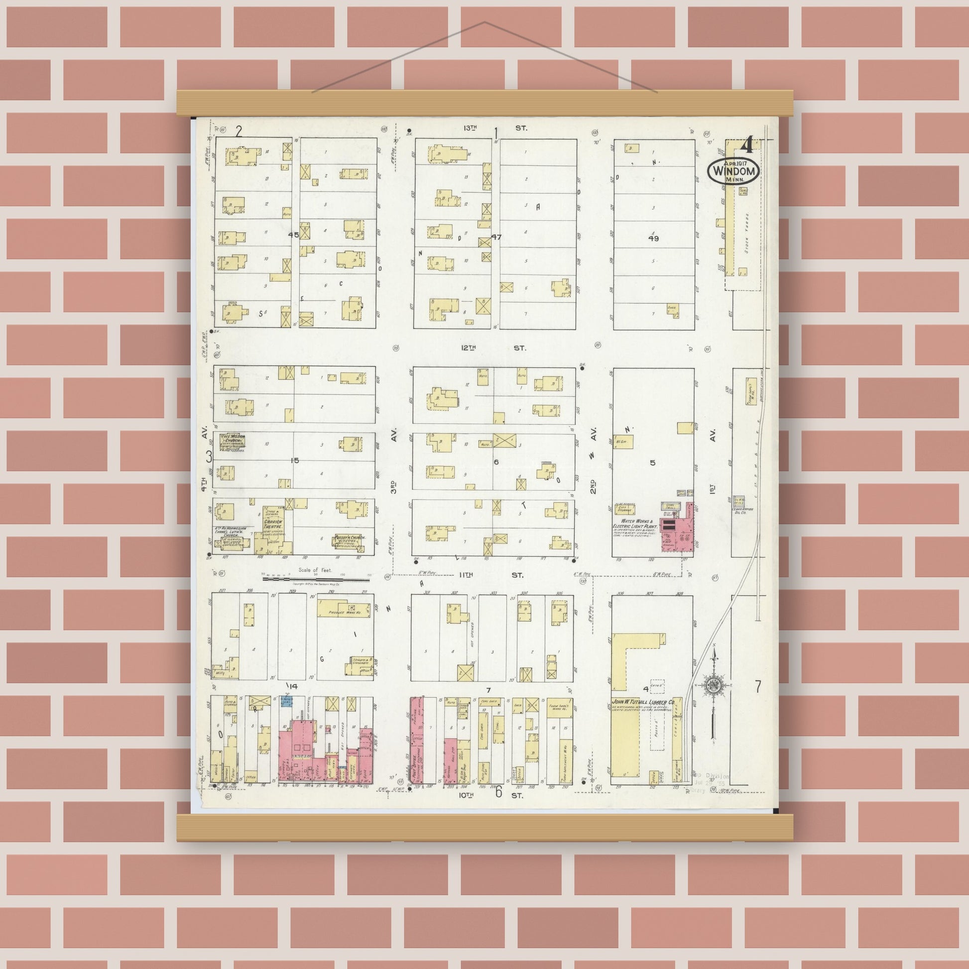 Old map wall art mockup — magnetic wood frame on brick wall — Sanborn Fire Insurance Map from Windom, Cottonwood County, Minnesota (1917), Sheet #0004