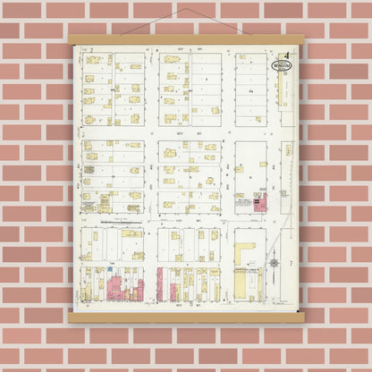 Old map wall art mockup — magnetic wood frame on brick wall — Sanborn Fire Insurance Map from Windom, Cottonwood County, Minnesota (1917), Sheet #0004