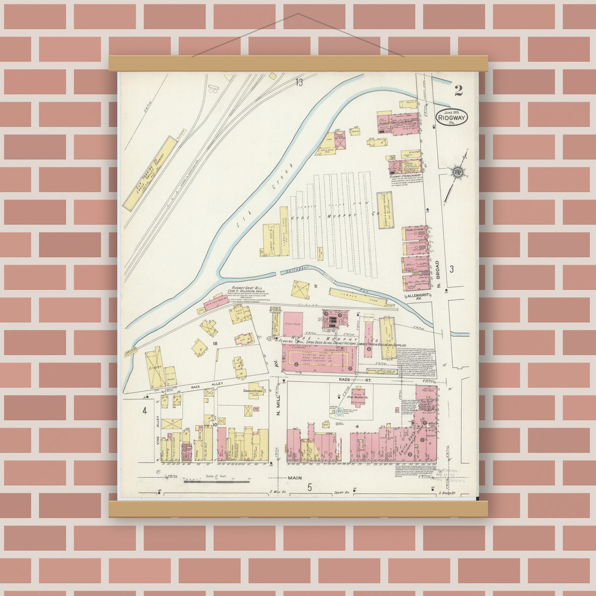 Old map wall art mockup — magnetic wood frame on brick wall — Sanborn Fire Insurance Map from Ridgway, Elk County, Pennsylvania (1915), Sheet #0002