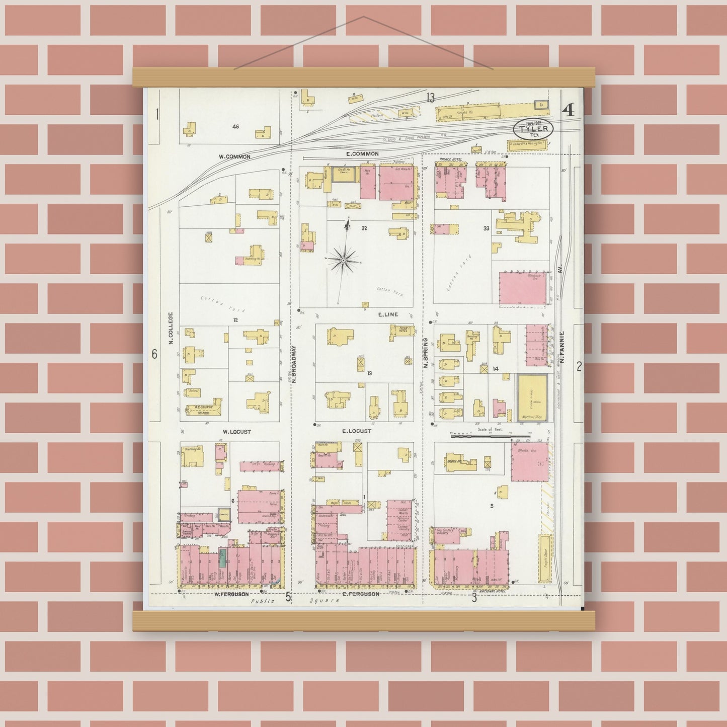 Old map wall art mockup — magnetic wood frame on brick wall — Sanborn Fire Insurance Map from Tyler, Smith County, Texas (1902), Sheet #0004