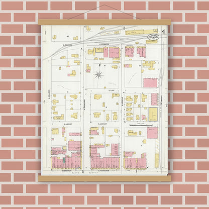 Old map wall art mockup — magnetic wood frame on brick wall — Sanborn Fire Insurance Map from Tyler, Smith County, Texas (1902), Sheet #0004
