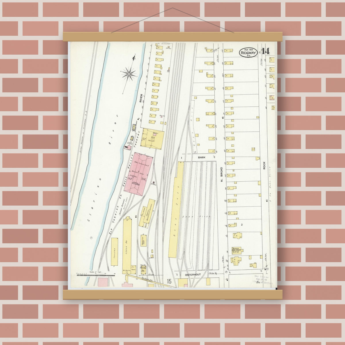 Old map wall art mockup — magnetic wood frame on brick wall — Sanborn Fire Insurance Map from Ridgway, Elk County, Pennsylvania (1909), Sheet #0014