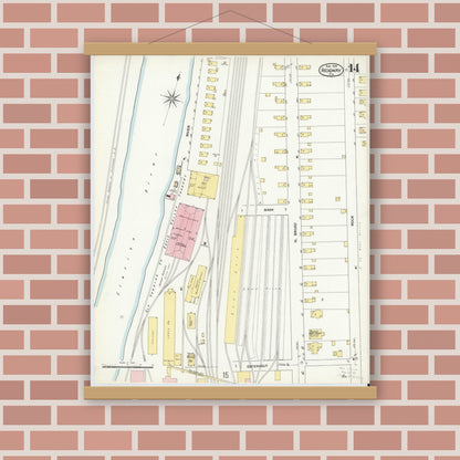 Old map wall art mockup — magnetic wood frame on brick wall — Sanborn Fire Insurance Map from Ridgway, Elk County, Pennsylvania (1909), Sheet #0014
