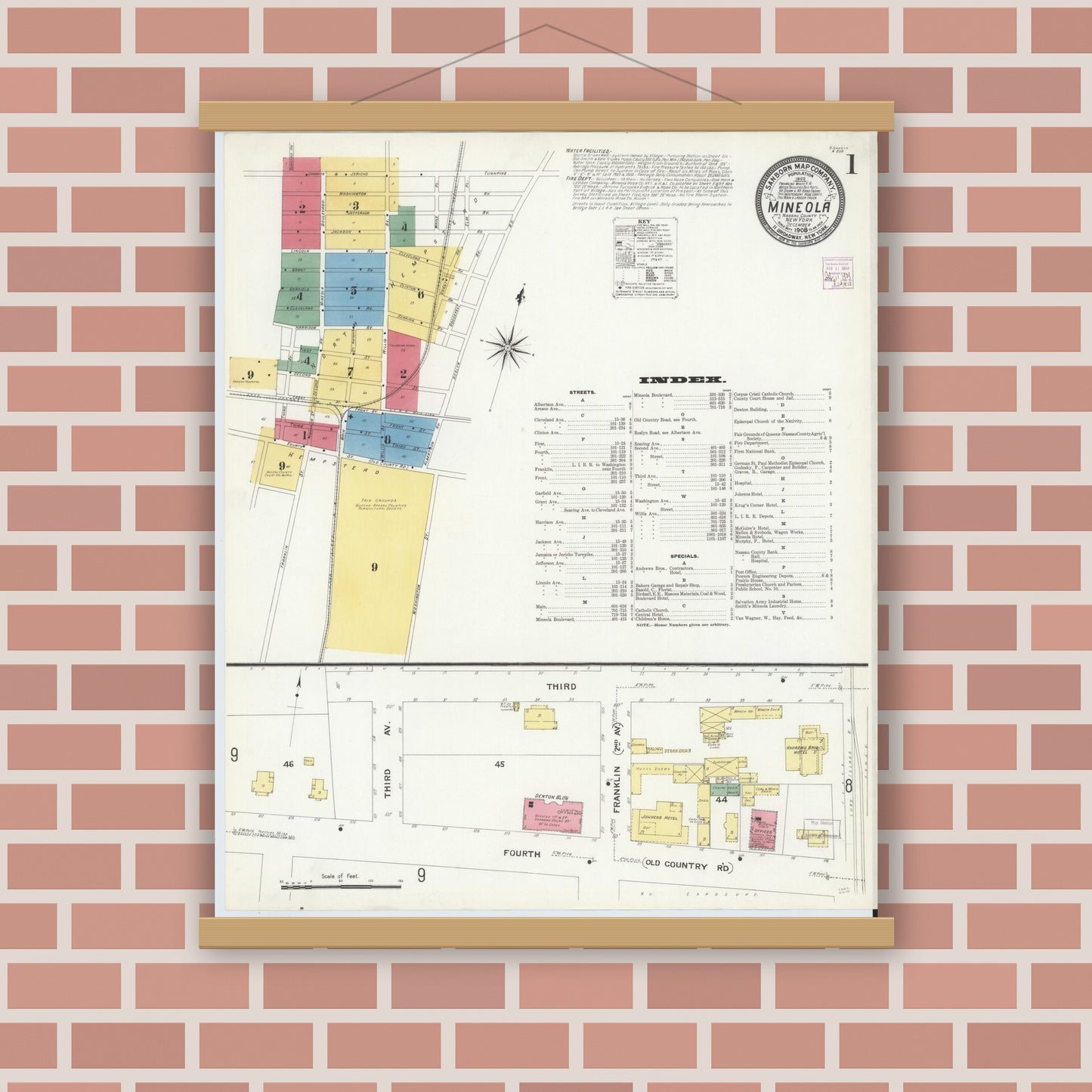 Old map wall art mockup — magnetic wood frame on brick wall — Sanborn Fire Insurance Map from Mineola, Nassau County, New York (1908) - Complete Map Set