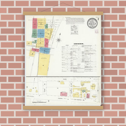 Old map wall art mockup — magnetic wood frame on brick wall — Sanborn Fire Insurance Map from Mineola, Nassau County, New York (1908) - Complete Map Set
