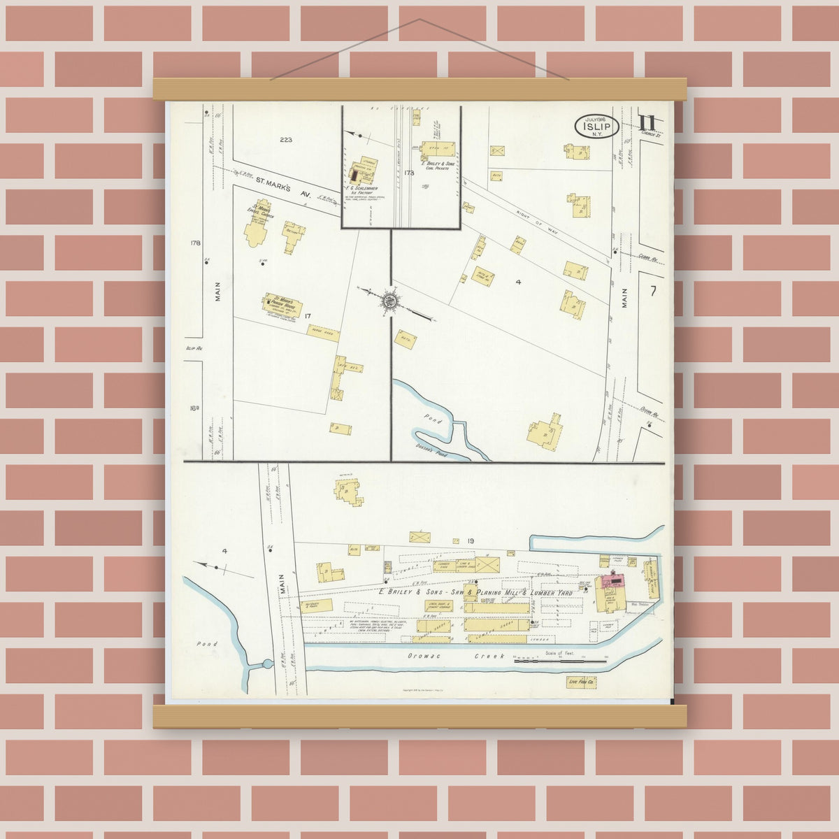 Old map wall art mockup — magnetic wood frame on brick wall — Sanborn Fire Insurance Map from Islip, Suffolk County, New York (1916), Sheet #0011
