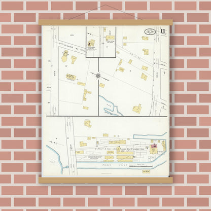 Old map wall art mockup — magnetic wood frame on brick wall — Sanborn Fire Insurance Map from Islip, Suffolk County, New York (1916), Sheet #0011