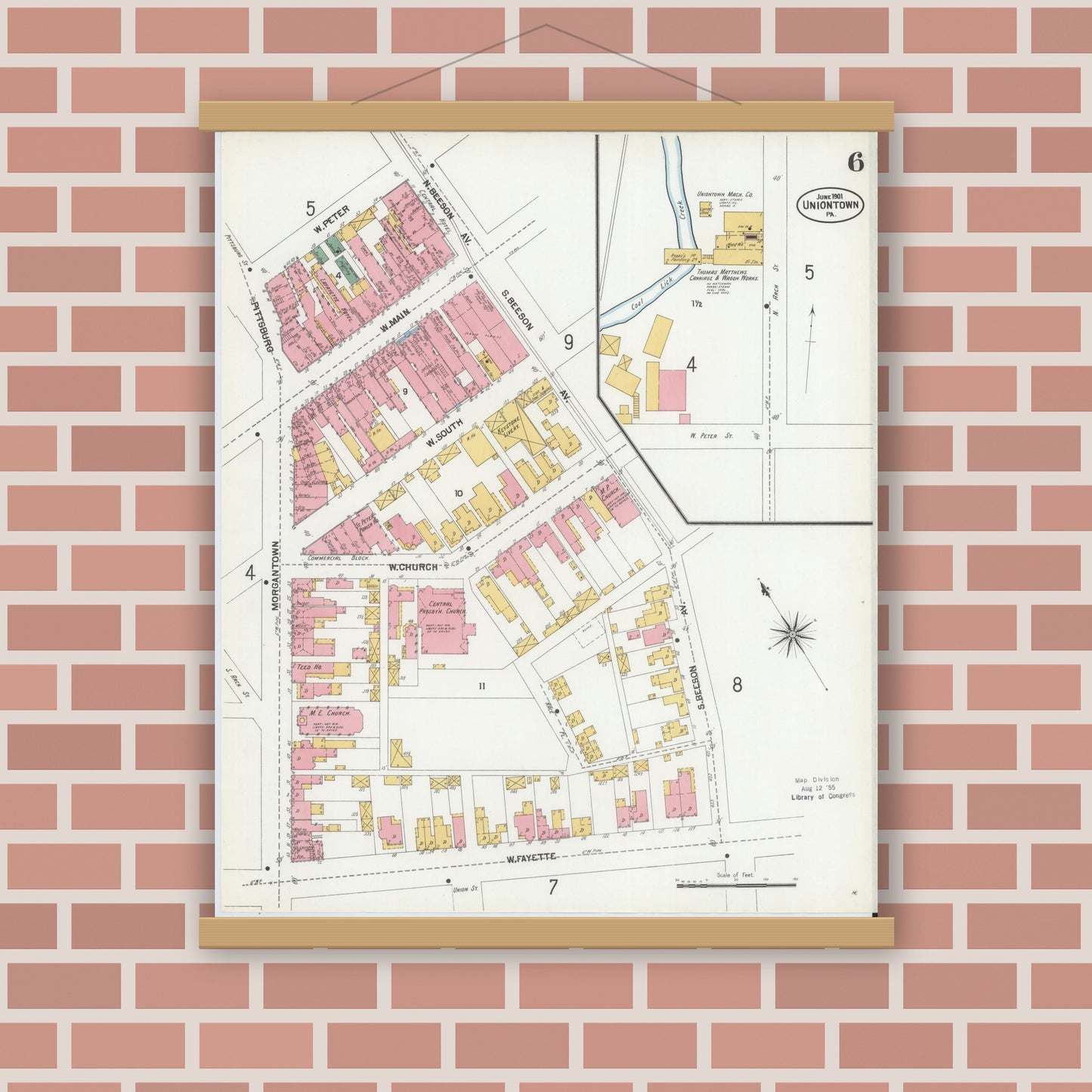 Old map wall art mockup — magnetic wood frame on brick wall — Sanborn Fire Insurance Map from Uniontown, Fayette County, Pennsylvania (1901), Sheet #0006