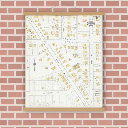 Old map wall art mockup — magnetic wood frame on brick wall — Sanborn Fire Insurance Map from Hartford, Washington County, Wisconsin (1918), Sheet #0009