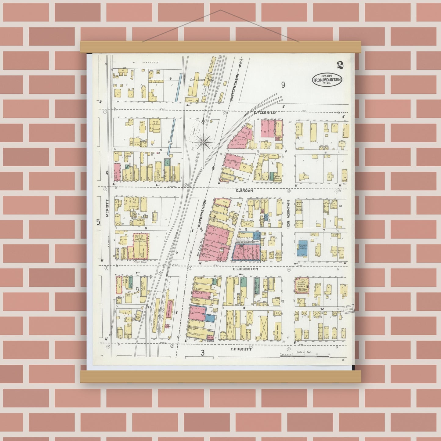 Old map wall art mockup — magnetic wood frame on brick wall — Sanborn Fire Insurance Map from Iron Mountain, Dickinson County, Michigan (1904), Sheet #0002