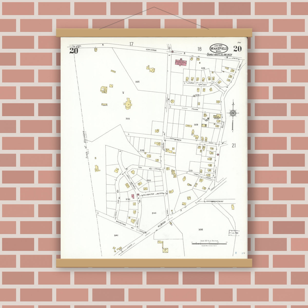 Old map wall art mockup — magnetic wood frame on brick wall — Sanborn Fire Insurance Map from Wakefield, Middlesex County, Massachusetts (1923), Sheet #0020