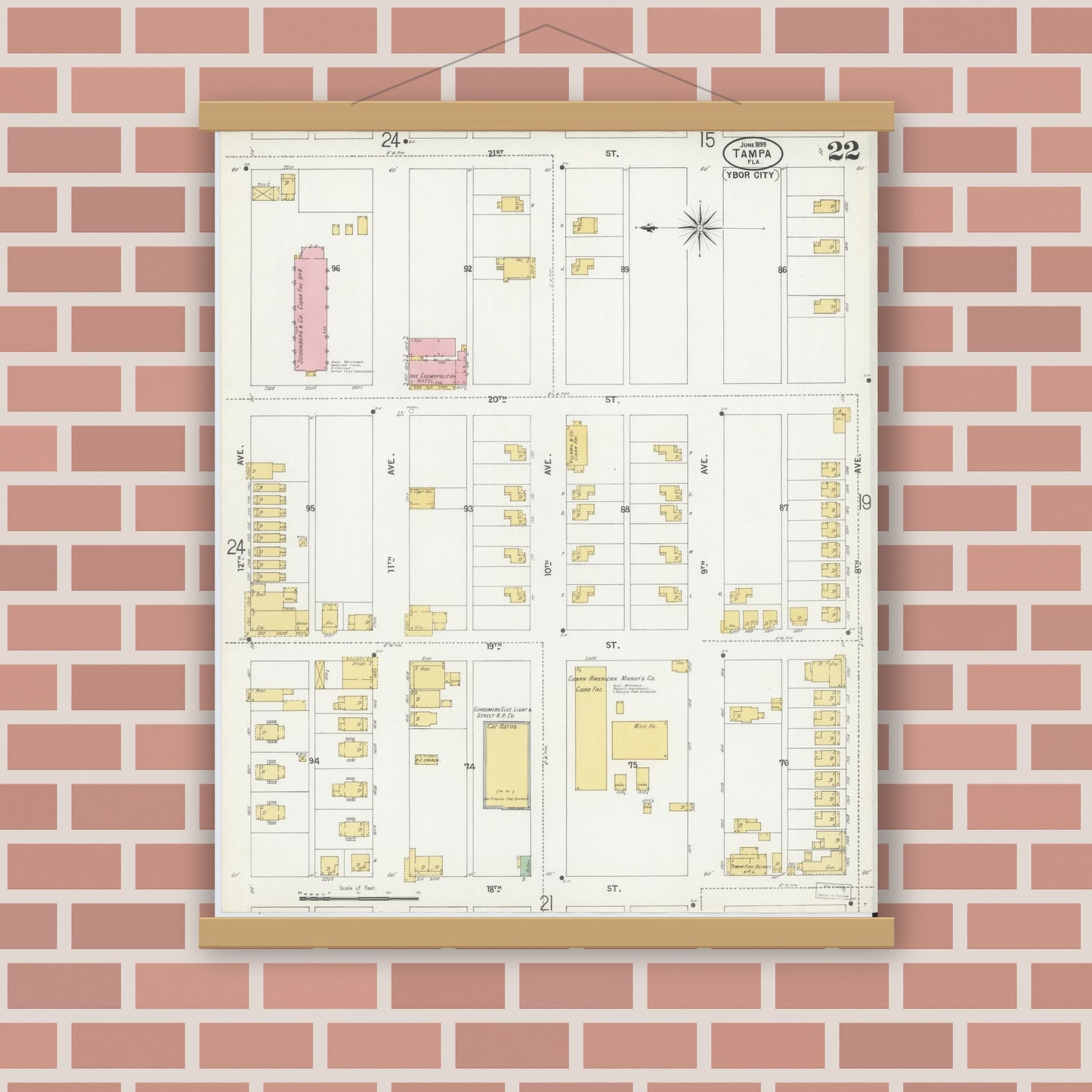 Old map wall art mockup — magnetic wood frame on brick wall — Sanborn Fire Insurance Map from Tampa, Hillsborough County, Florida (1899), Sheet #0022