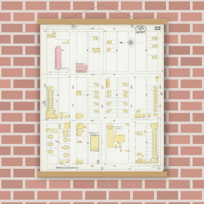 Old map wall art mockup — magnetic wood frame on brick wall — Sanborn Fire Insurance Map from Tampa, Hillsborough County, Florida (1899), Sheet #0022