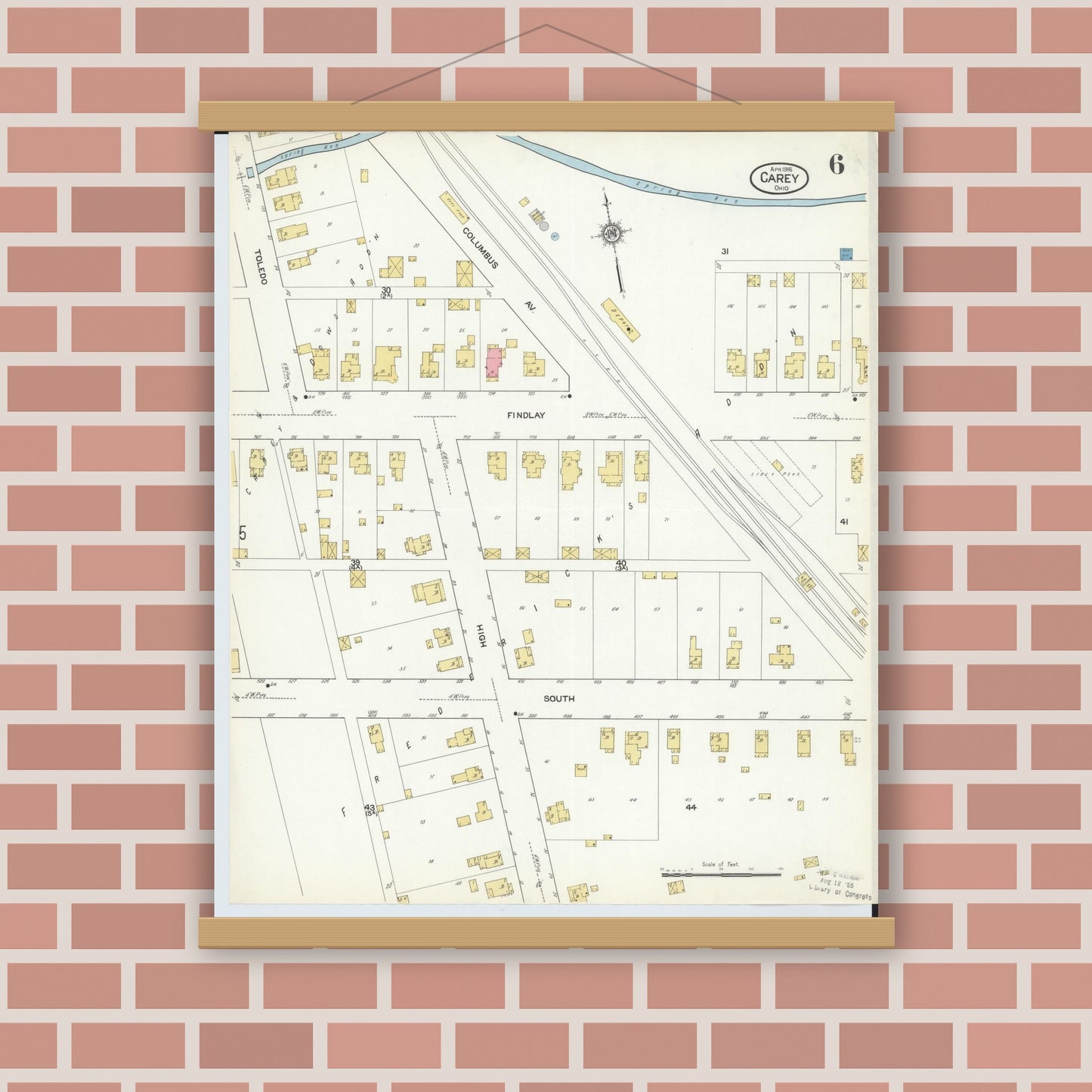 Old map wall art mockup — magnetic wood frame on brick wall — Sanborn Fire Insurance Map from Carey, Wyandot County, Ohio (1916), Sheet #0006